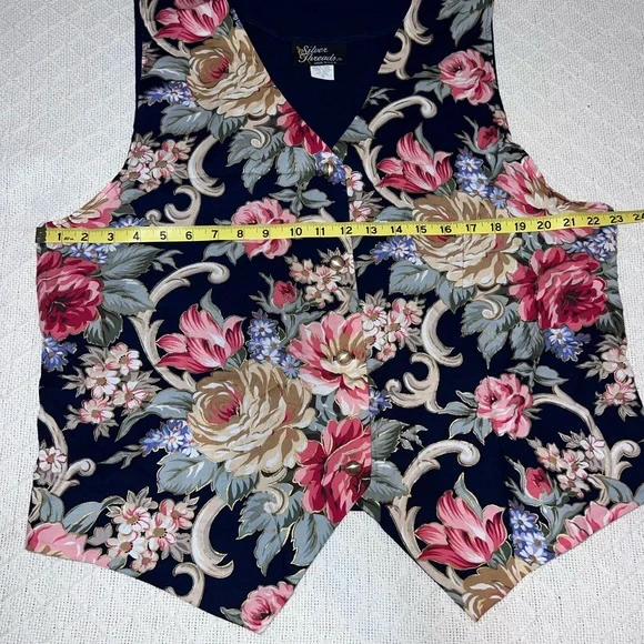 Vintage Silver Threads 1X Floral Vest Navy Made in USA Cottagecore - Picture 8 of 9